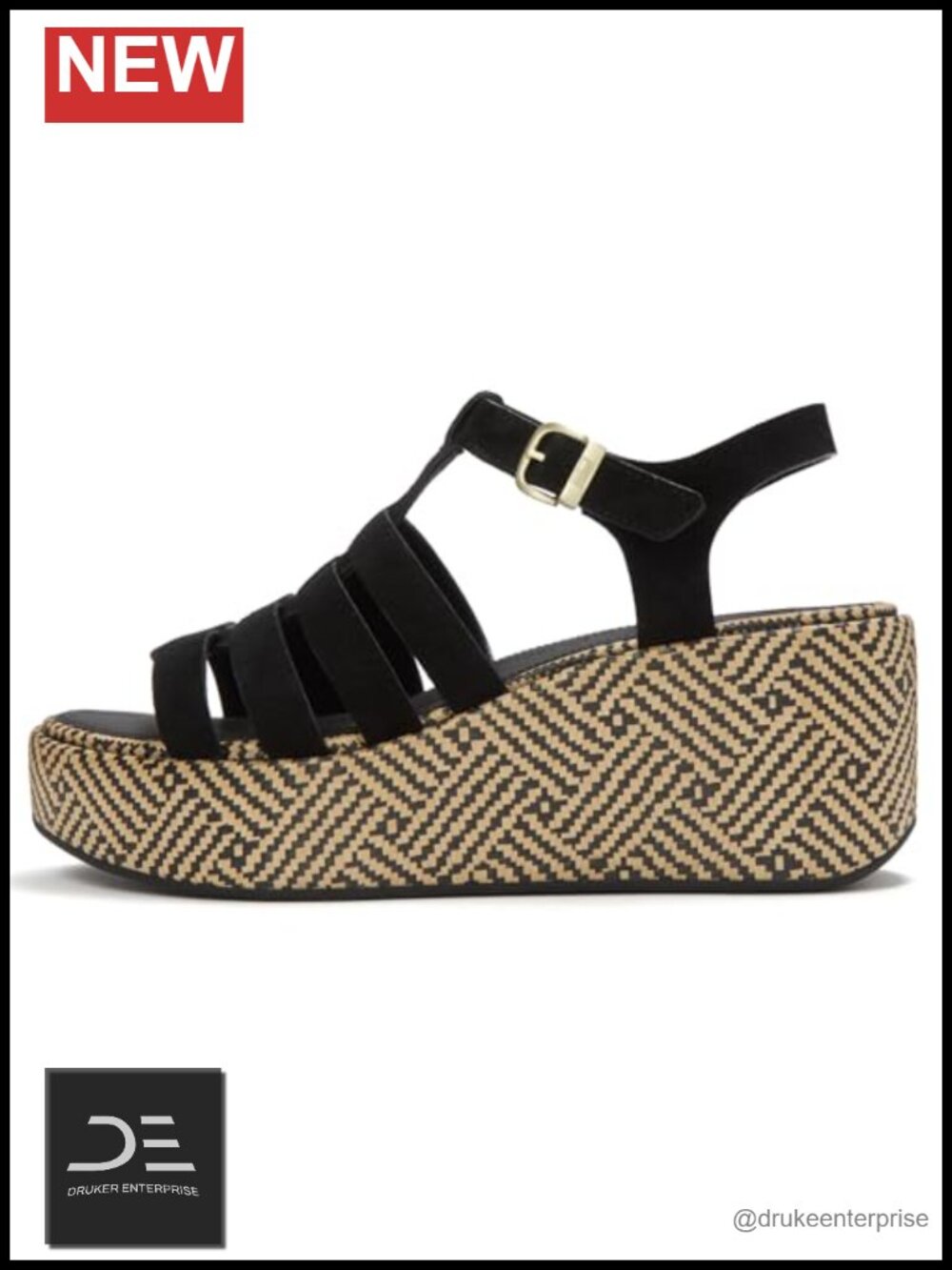 Suede Fisherman Sandals Raffia-Effect Platform Wedges with Adjustable Buckle